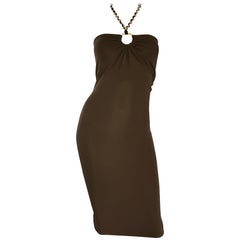 NWT Michael Kors Collection Size 12 Brown Silk Jersey Gold Chain Halter Dress