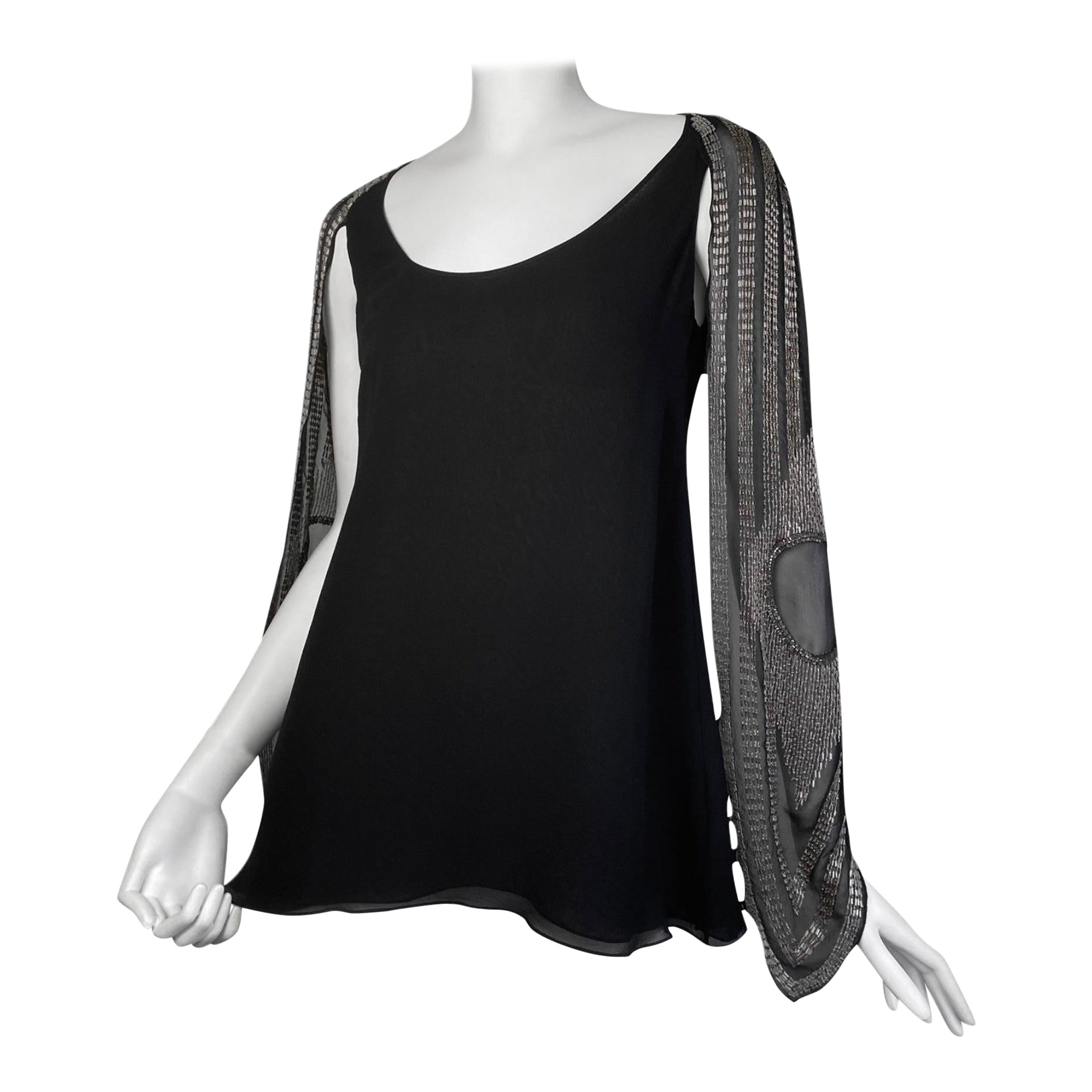 CHLOÉ FW2002 by PHOEBE PHILO BLACK SILK BEADED CAPE SLEEVES TOP For Sale