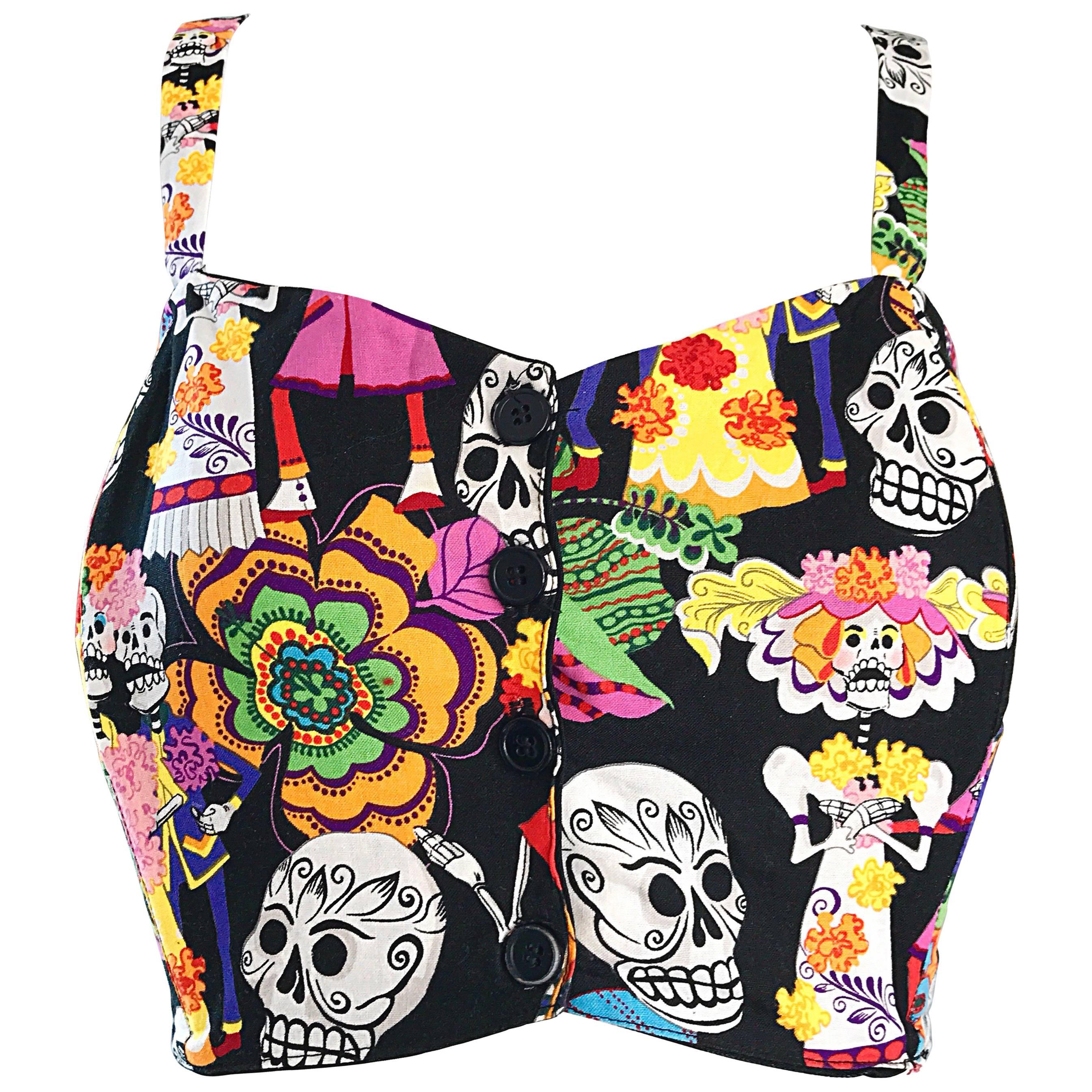 Amazing 1990s ' Day of the Dead ' Plus Size Novelty Vintage 90s Cotton Crop Top