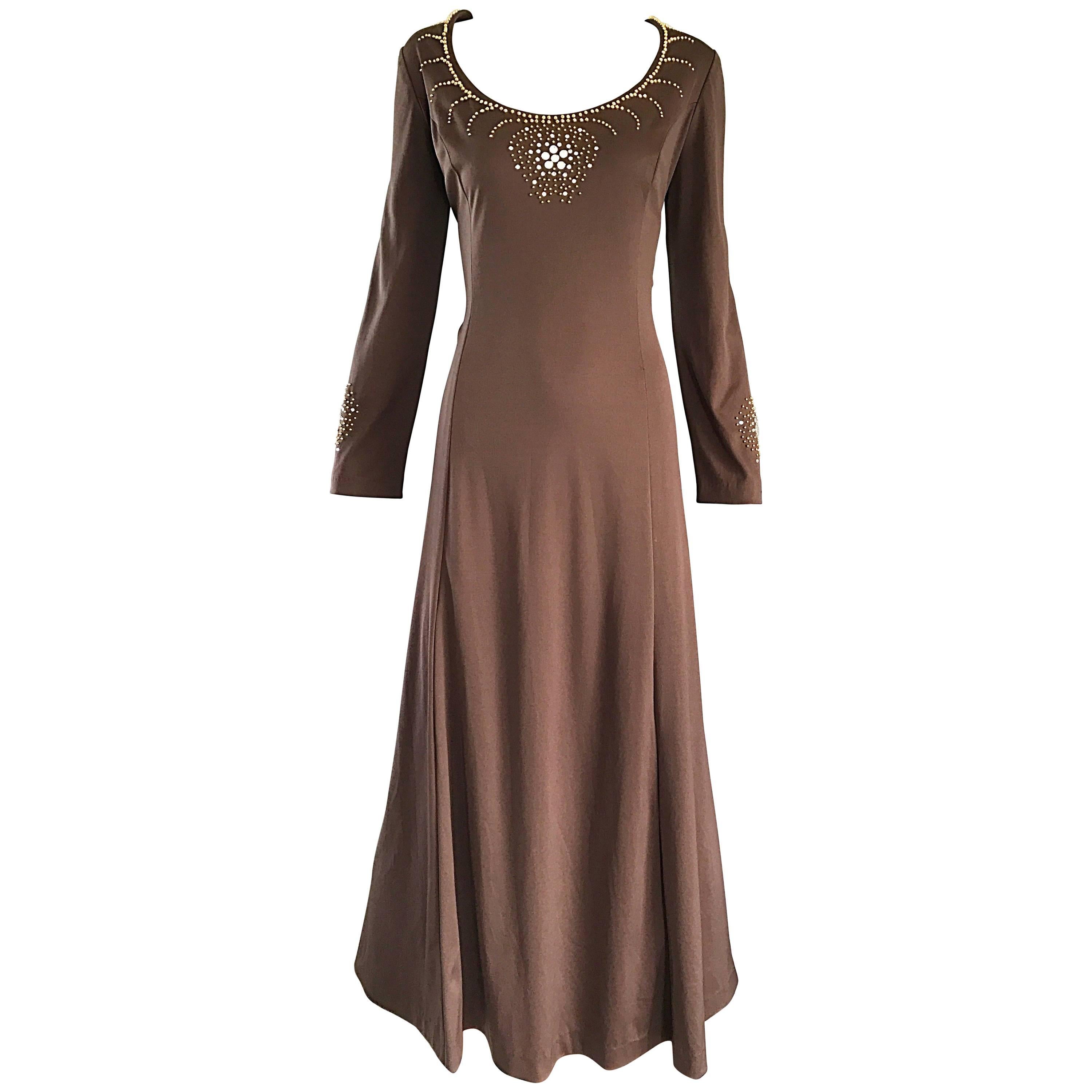 1970s Grecian Light Coffee Brown Beaded Rhinestone Vintage 70s Maxi Dress  For Sale