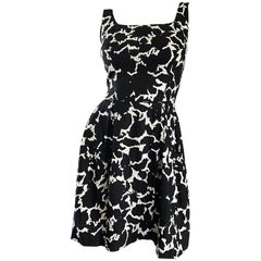 1950s Black and White Leaf Print Sequin Cotton Fit and Flare 50s Vintage Dress 