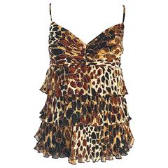 New Escada Leopard Cheetah Print Silk Tiered Sleeveless Tiered Empire Blouse 38 5