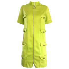 Chic 1960s I MAGNIN Mod Lime Green Zipper Vintage 60s Cargo Pocket Shift Dress 12