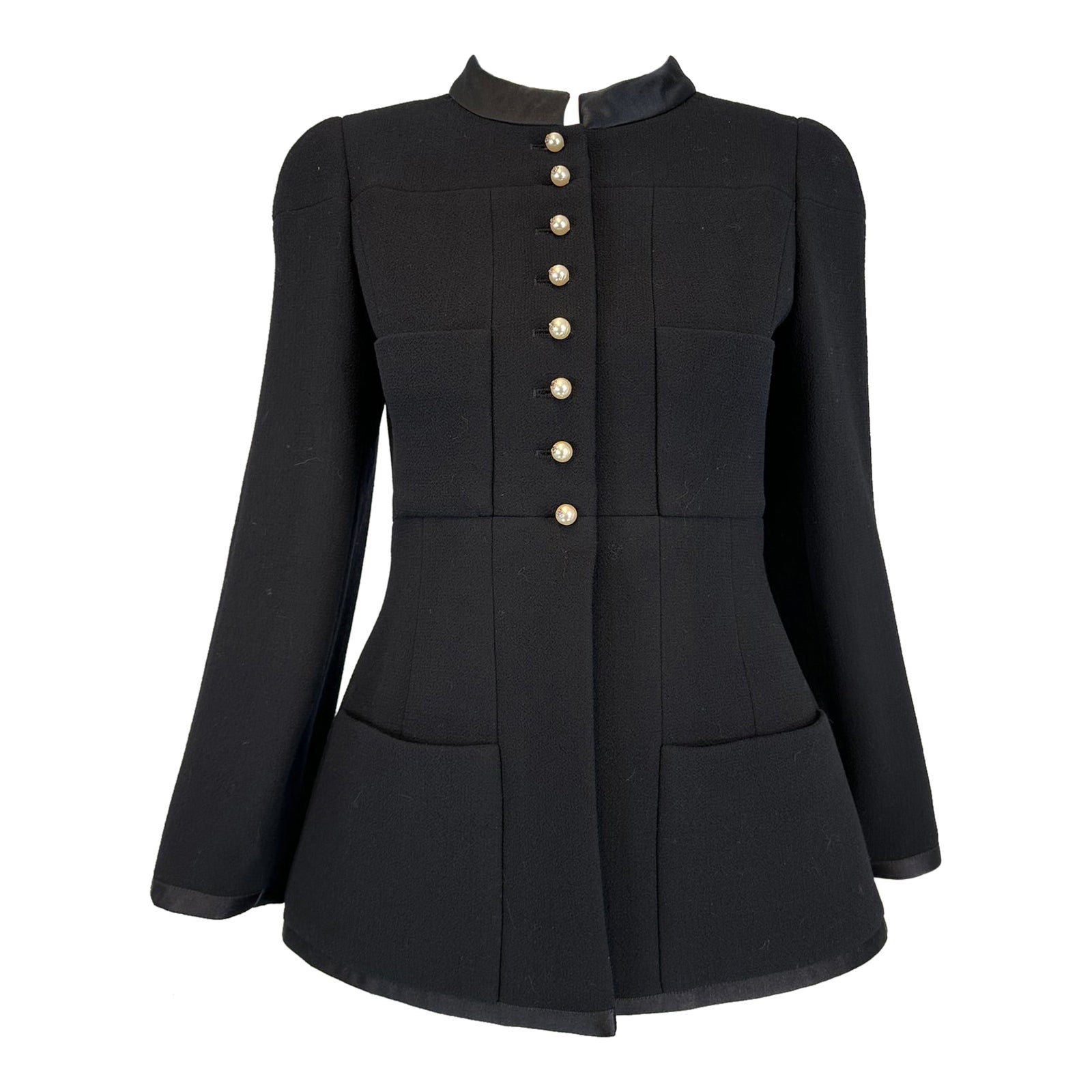 Chanel 1997A Black 100% Wool Gold & Pearl Logo Button Band Collar Jacket 36 For Sale