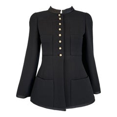 Vintage Chanel 1997A Black 100% Wool Gold & Pearl Logo Button Band Collar Jacket 36