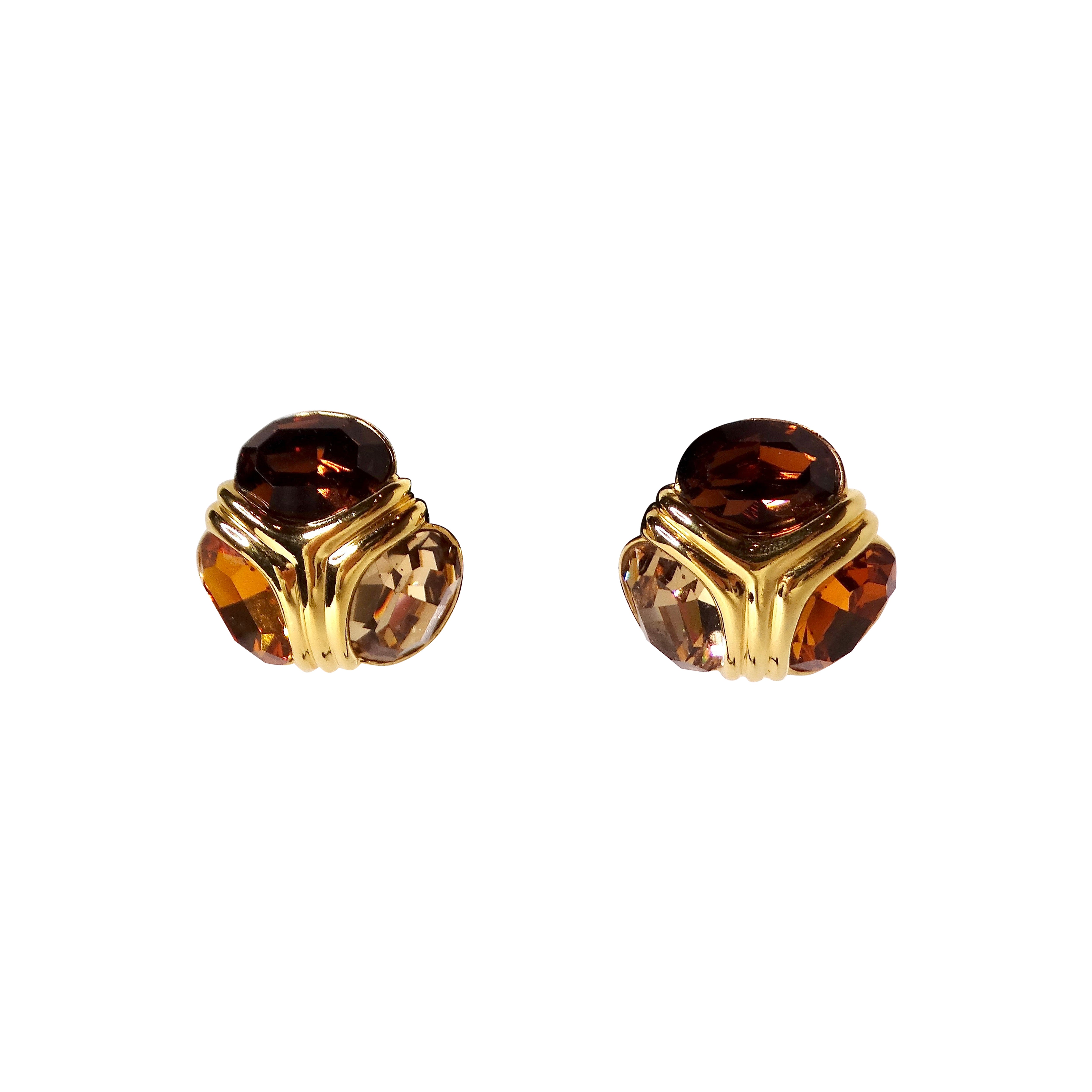 Vintage Ciner 18k Gold Plated 3 Citrine-Tone Clip-On Earrings