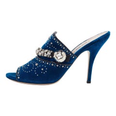 Miu Miu Blue Velvet Studded and Crystal Embellished Mules Size 41