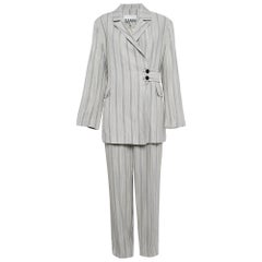 Ganni Gris Rayas Crepé Pantalones Botón Delantero Traje L