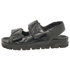 Prada Black Leather Logo Plaque Slingback Sandals Size 37
