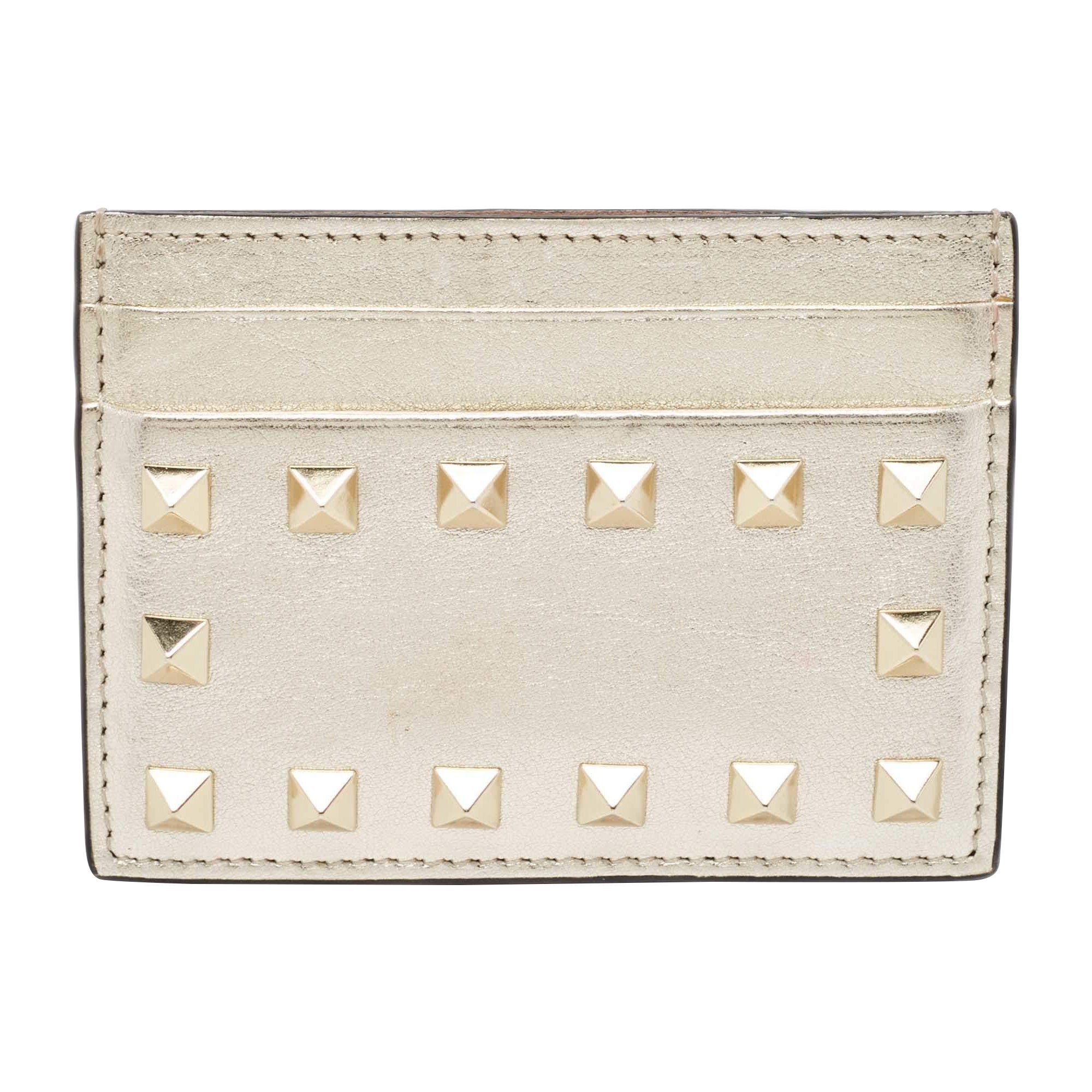 Valentino Light Gold Leather Rockstud Card Case