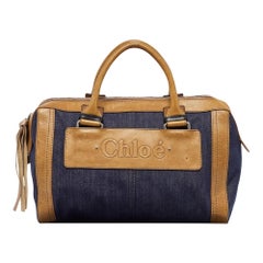Chloe Satchel de tela vaquera azul/marrón y piel con cremallera