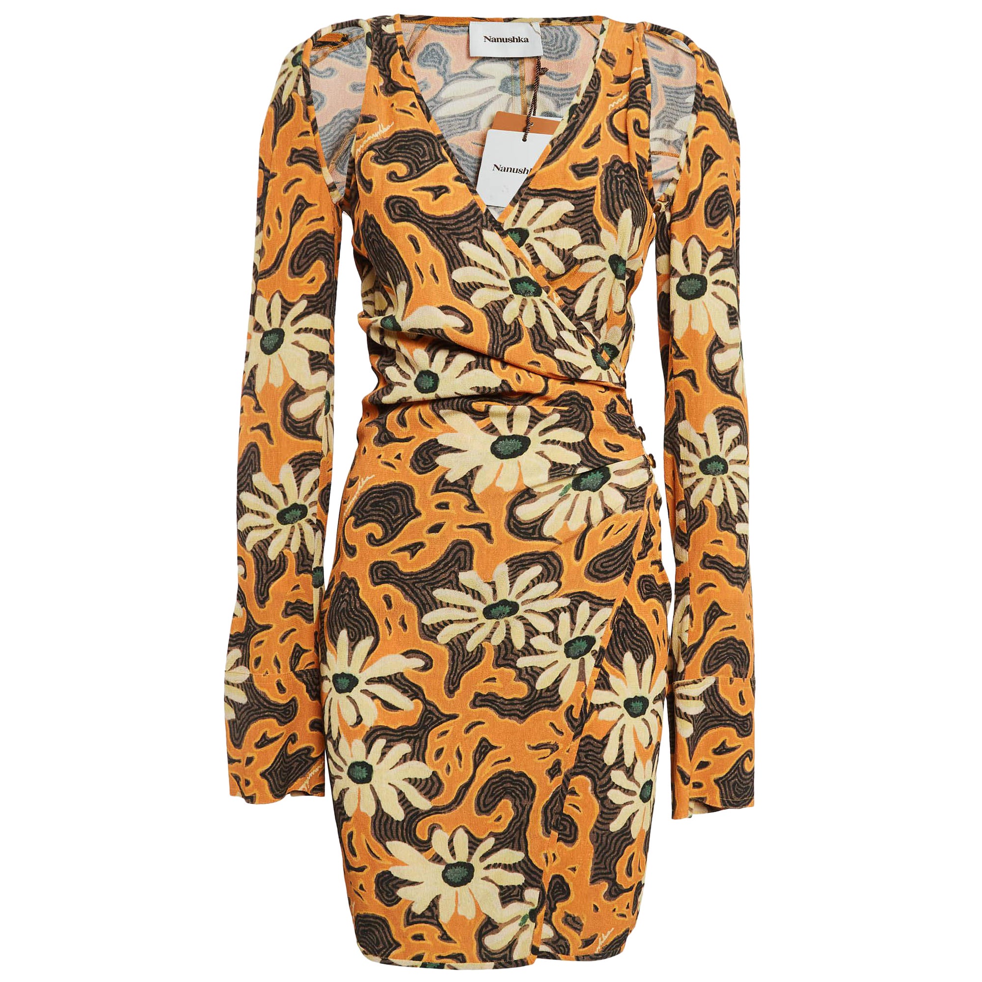 Nanushka - Robe portefeuille Ira à découpes en crêpe imprimé floral orange, taille M
