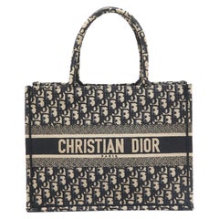 Dior Navy Blue Oblique Embroidered Canvas Medium Book Tote