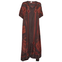 Hermes Brown Les Tambours Print Seiden-Tunika-Midikleid L