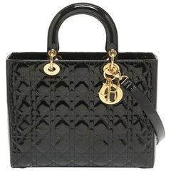 Dior Black Cannage Patent Leather Large Lady Dior Tote