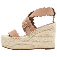 Chloe Beige Suede Laurena Scalloped Wedge Sandals Size 37