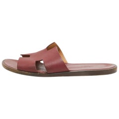 Hermes Burgundy Leather Izmir Slides Size 44.5