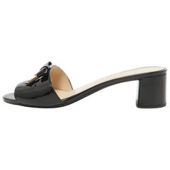 Prada Black Patent Leather Suede Bow Slide Sandals Size 37.5