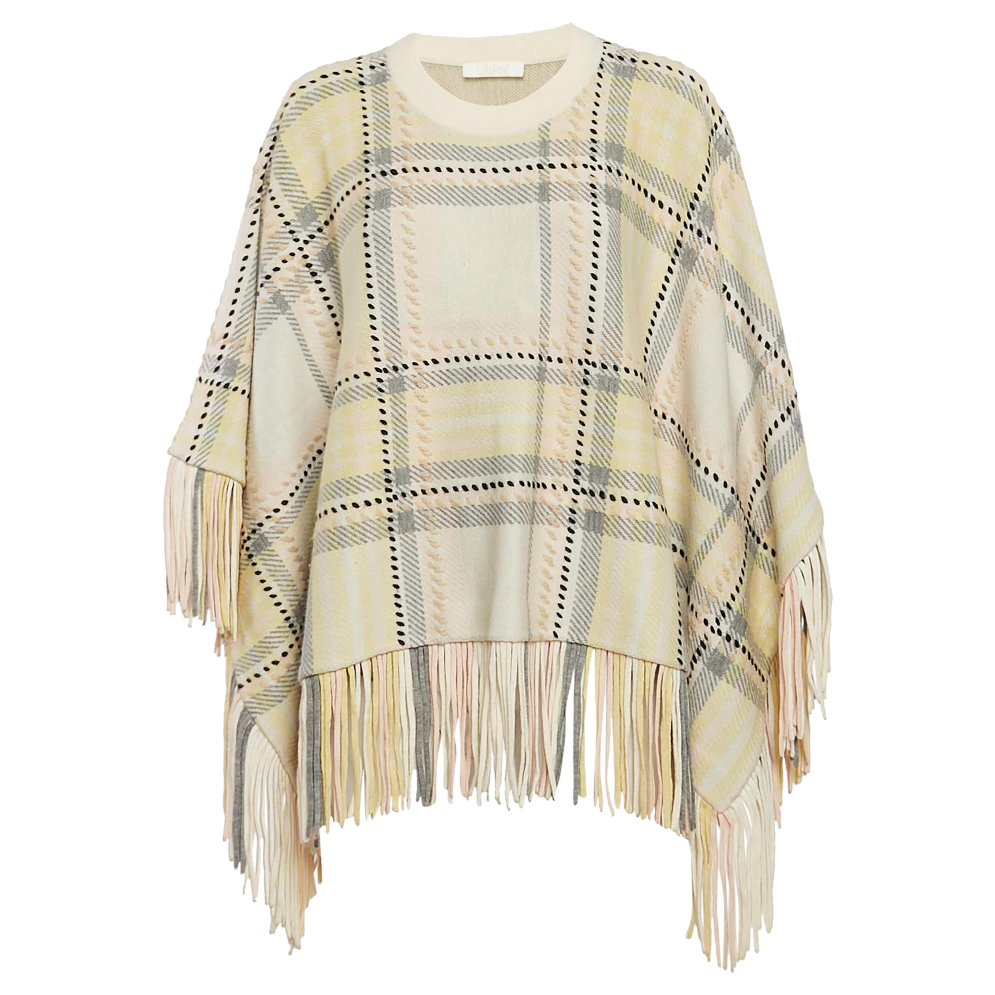 Chloe - Maglione Poncho con frange in cashmere a quadri gialli XS/S