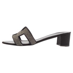 Hermes Silver/Black Glitter and Satin Oasis Slide Sandals Size 41