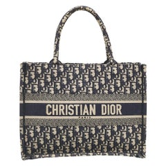 Dior Navy Blue Oblique Embroidered Canvas Medium Book Tote