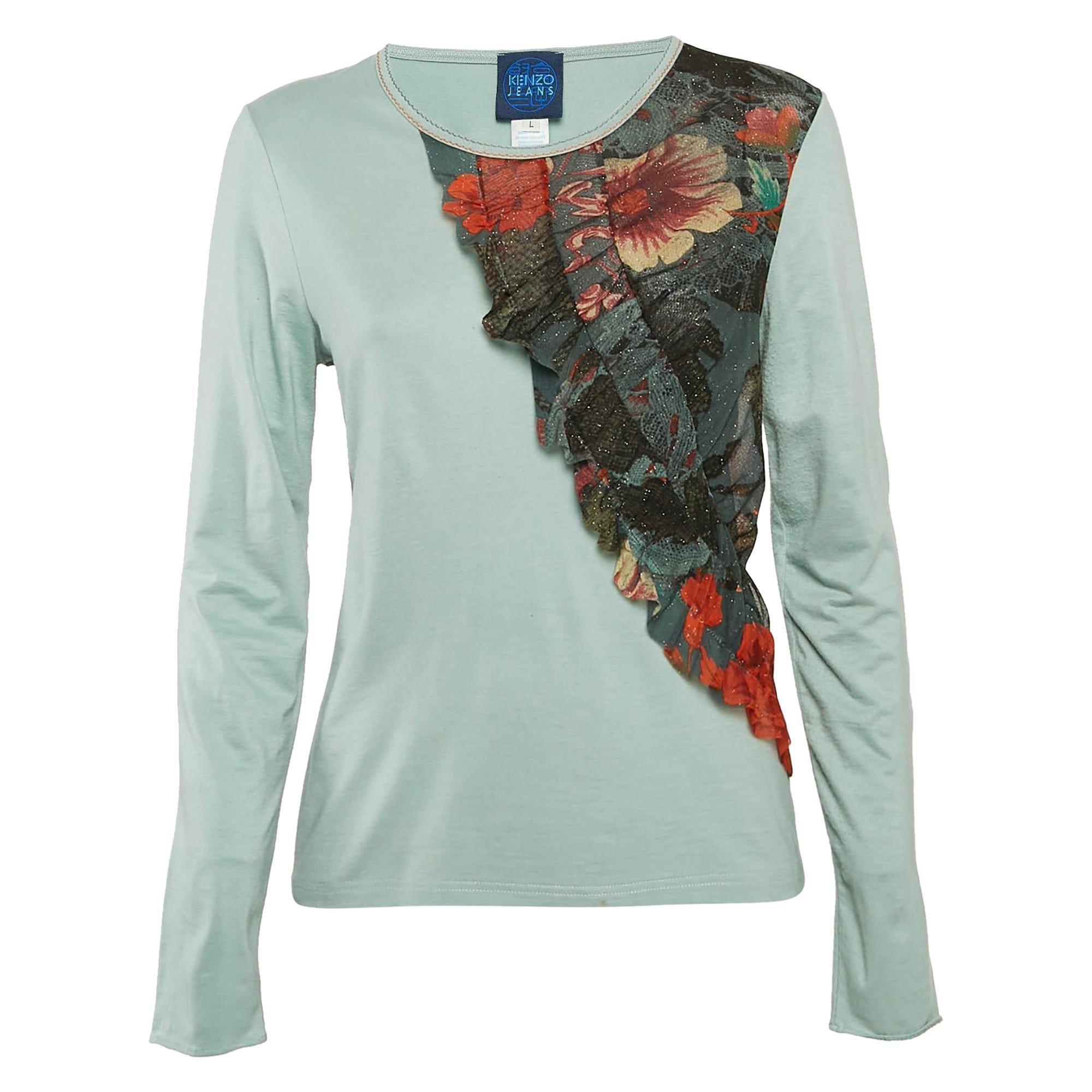 Kenzo Jeans Maglietta a maniche lunghe in jersey blu con bordi in rete L.L.A.