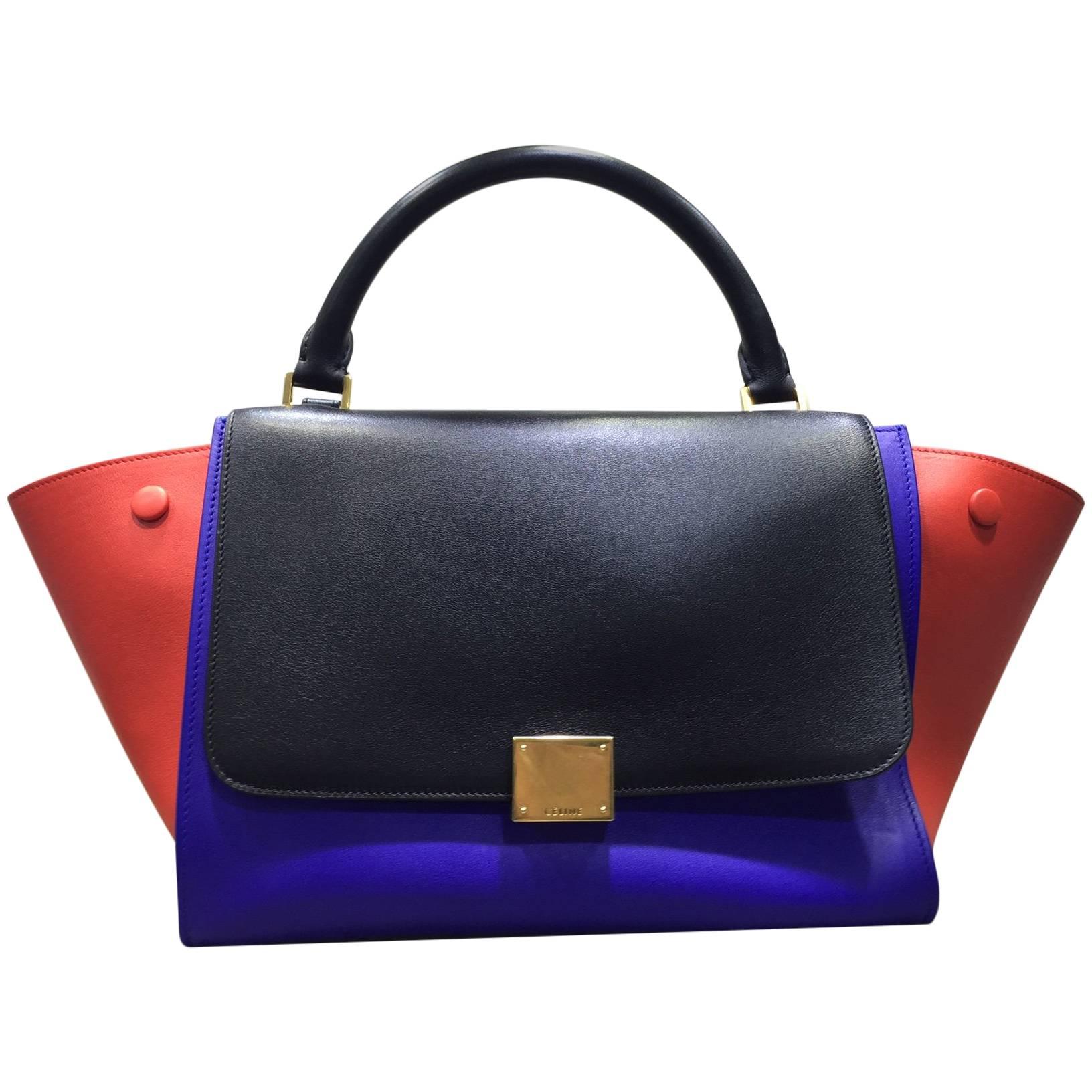 Celine Tri Colour Trapeze Leather Luggage Tote Bag with Strap