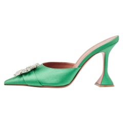 Amina Muaddi Green Satin Crystal Embellished Begum Pointed Toe Mules Size 40.5