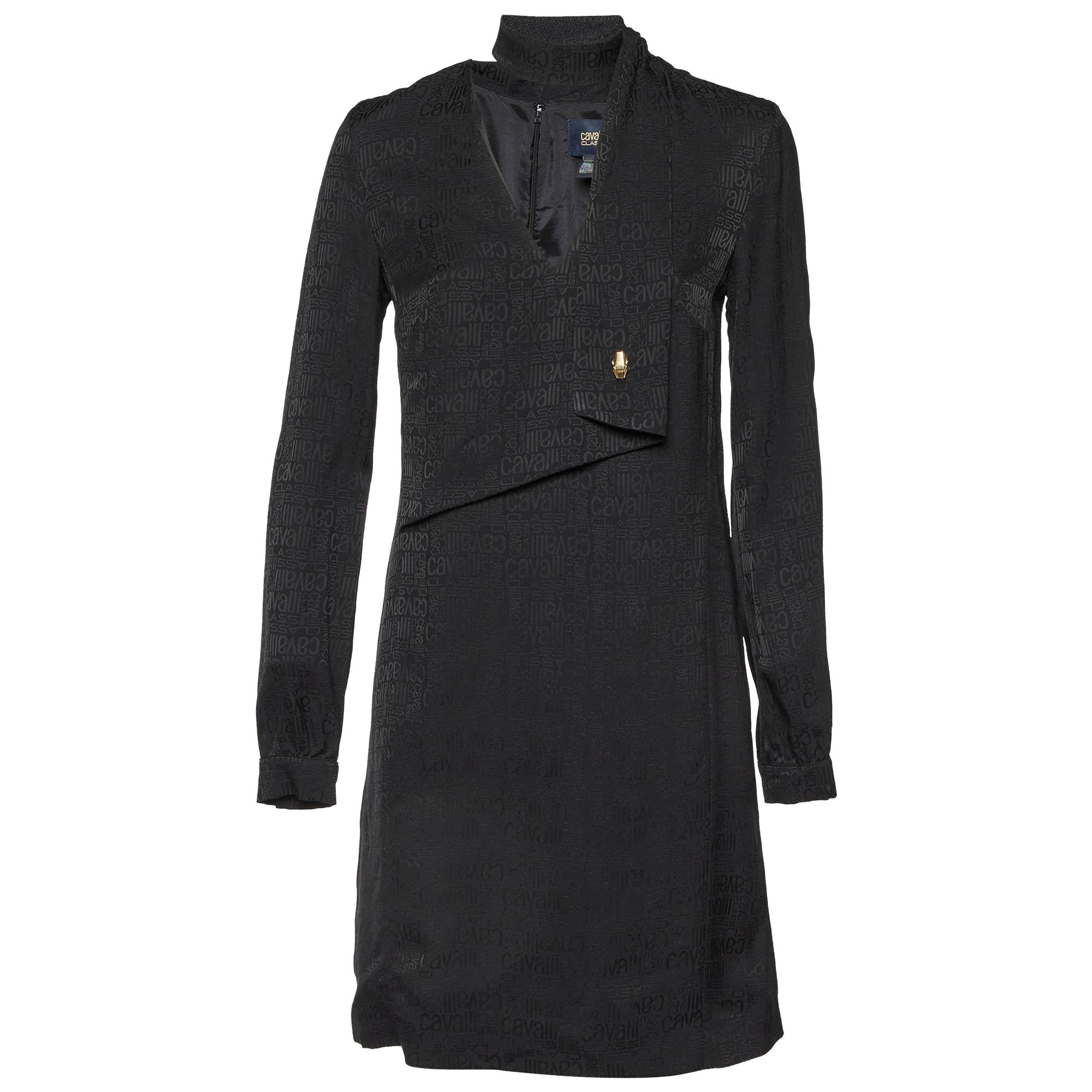 Class by Roberto Cavalli Black Logo Jacquard Crepe Shift Dress S For Sale