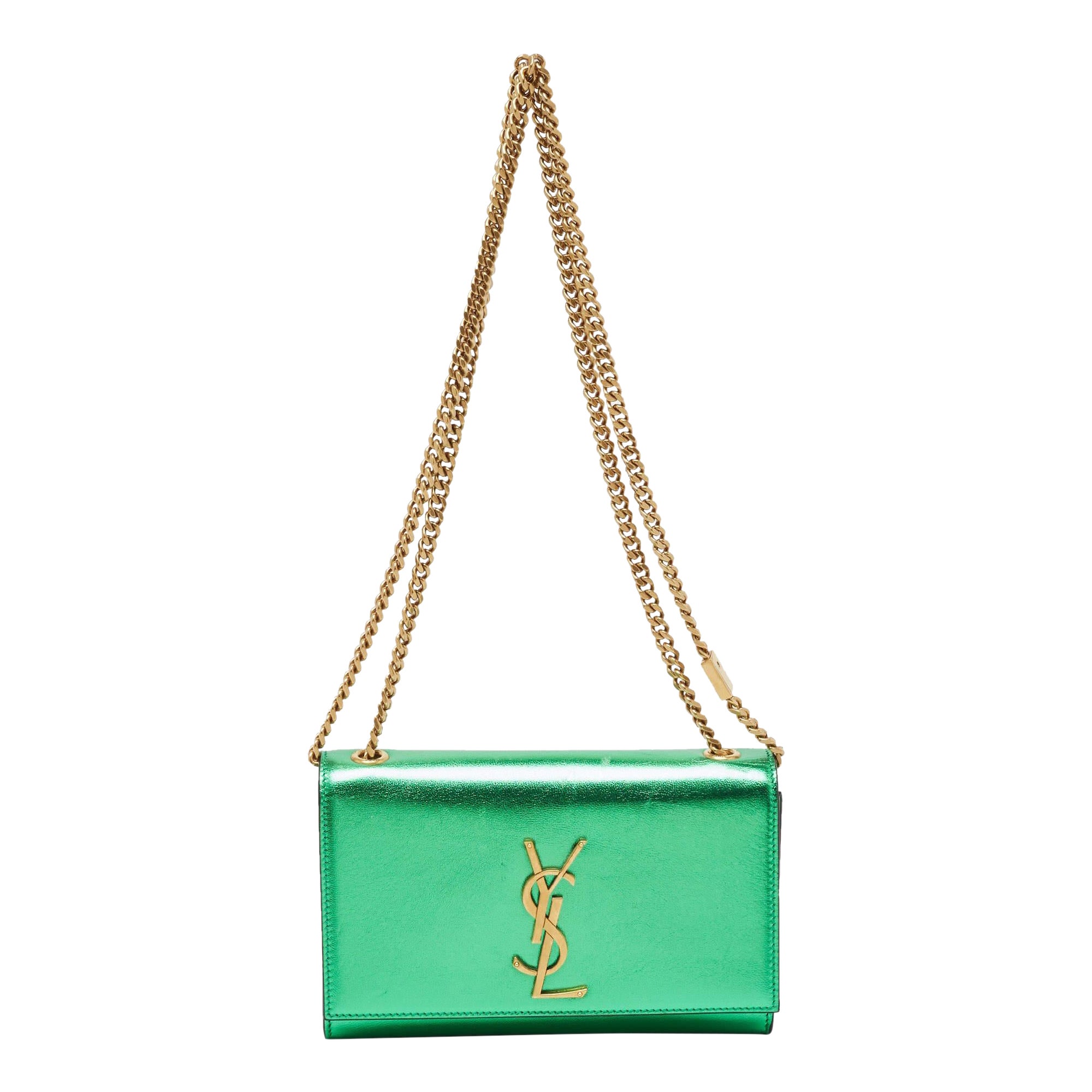 Saint Laurent Green Patent Leather New Small Kate Wallet On Chain