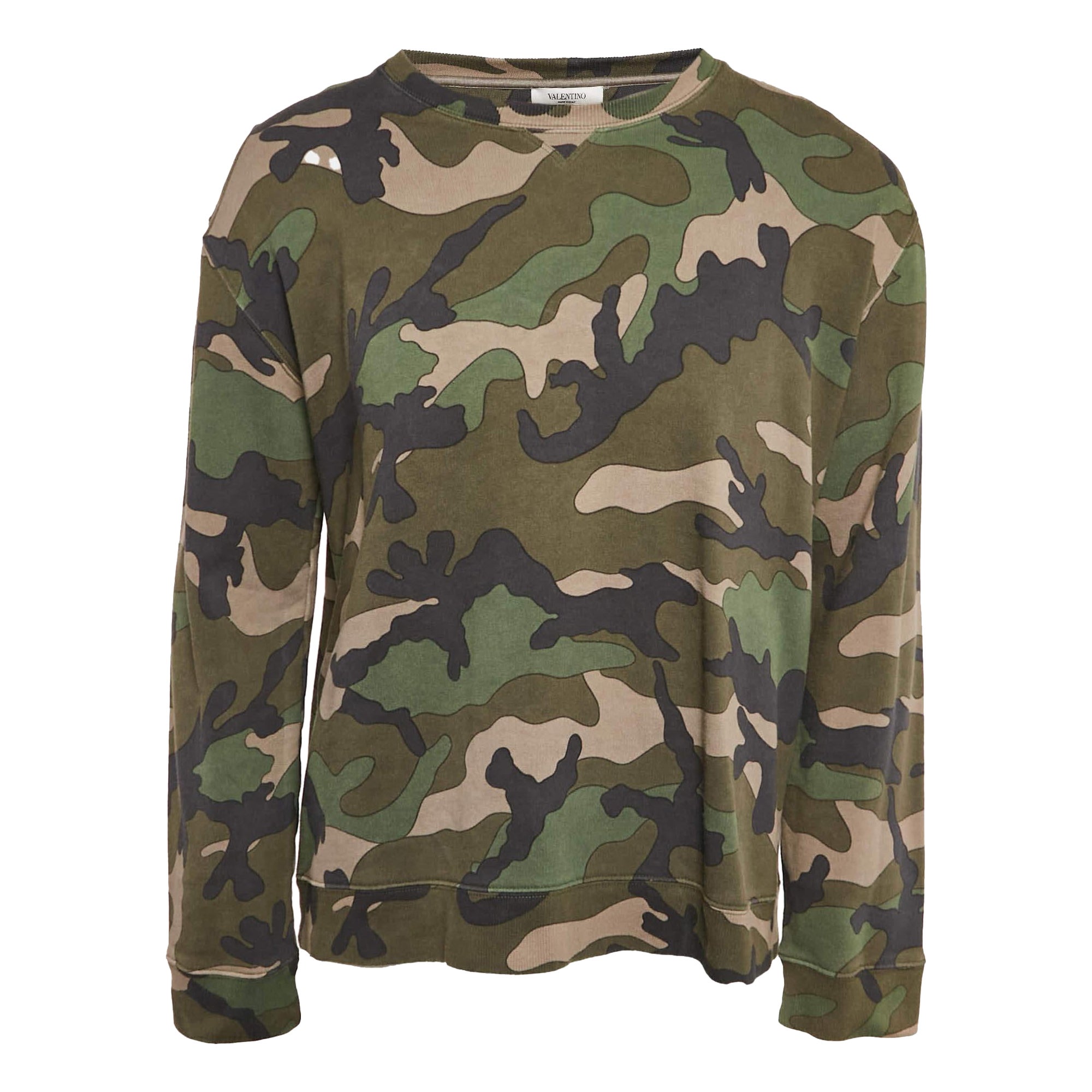 Valentino Sweatshirt aus Baumwollstrick mit grünem Camouflage-Druck L