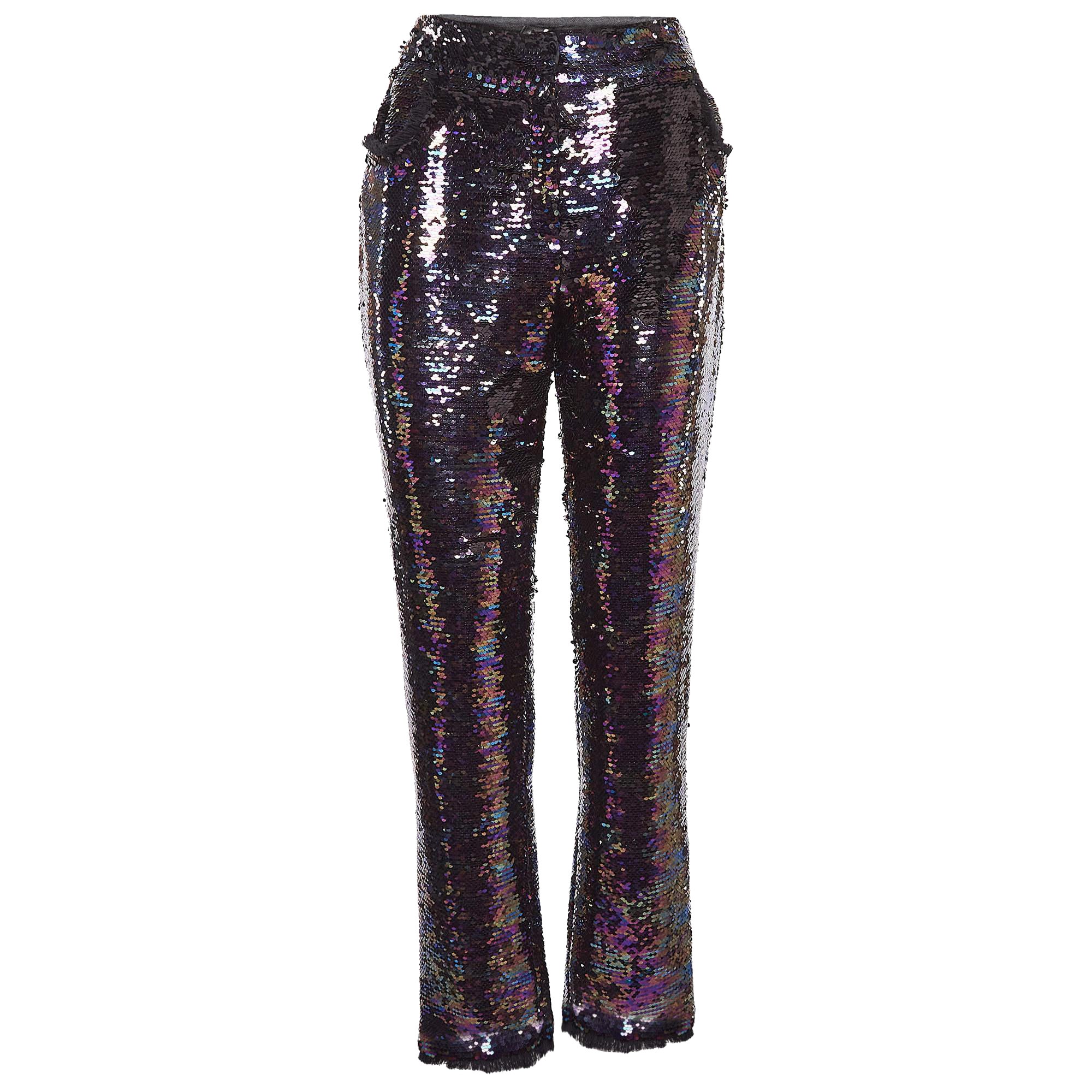 Pantalon violet à franges à sequins Balmain L