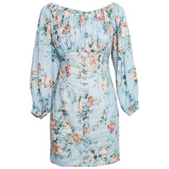 Zimmermann Mini Vestido sin hombros de lino con estampado floral azul XS