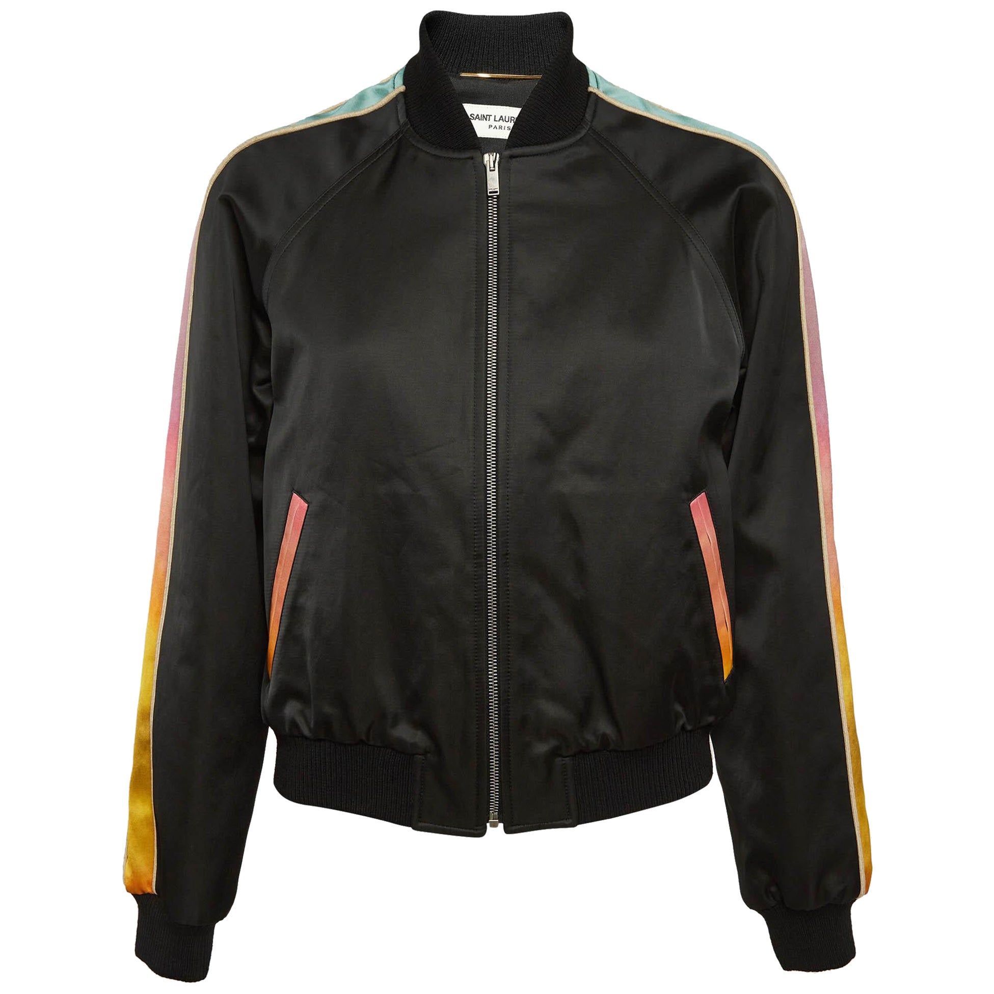 Saint Laurent Giacca Bomber a righe arcobaleno in misto cotone nero M.