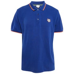 Kenzo Blue Tiger Applique Cotton Pique Polo T-Shirt XL