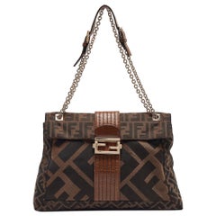 Fendi Tobacco Zucca Canvas and Leather Maxi Baguette Flap Shoulder Bag