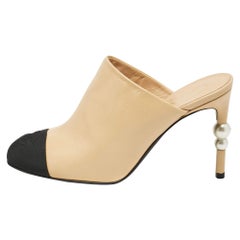 Chanel Beige/Black Canvas and Leather Mules Size 36