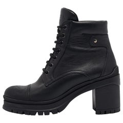 Prada Black Leather Lace Up Combat Boots Size 37