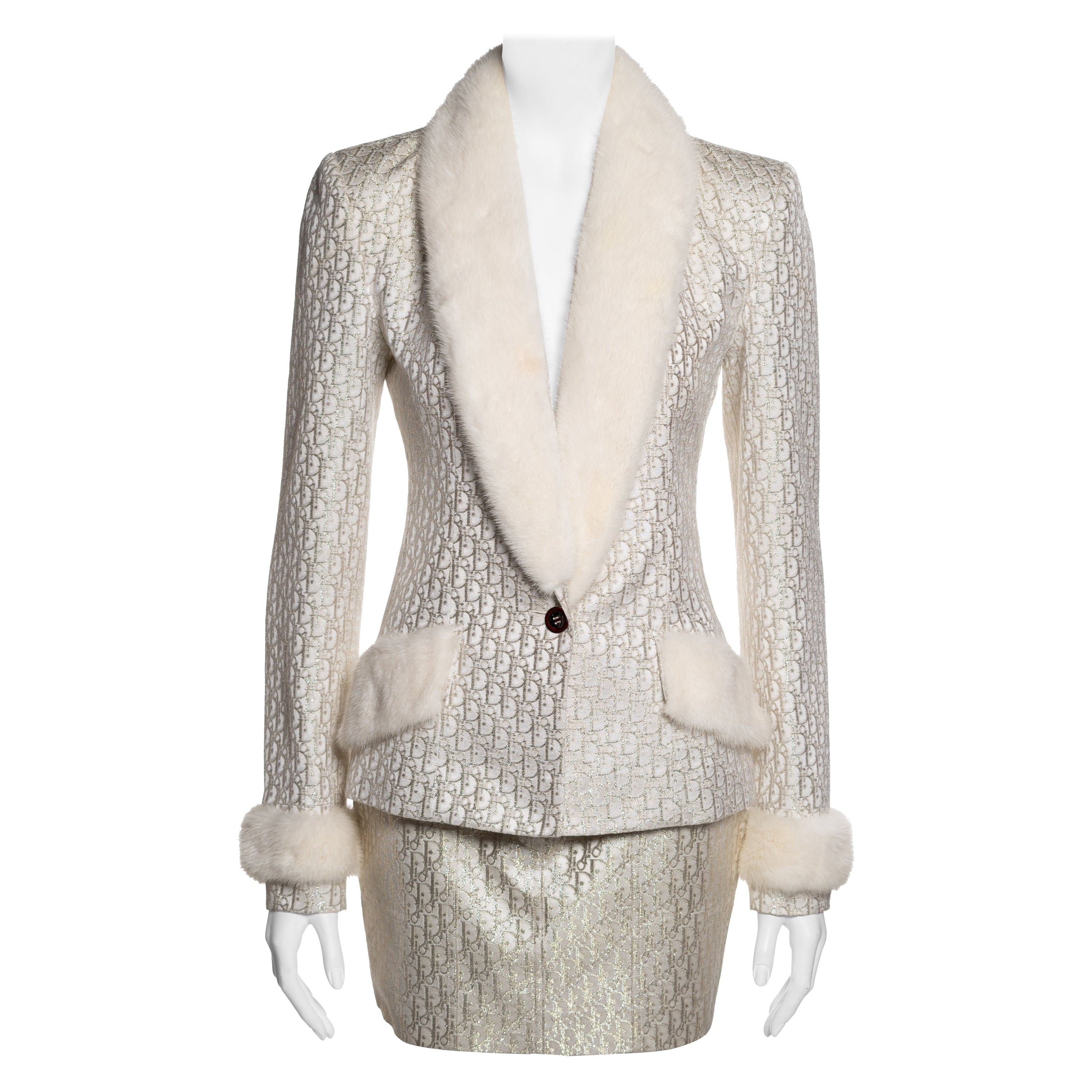 Christian Dior by John Galliano Metallic Monogram Mink-Trimmed Suit, FW 2004 For Sale