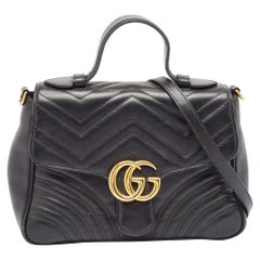 Gucci Black Matelassé Leather Small GG Marmont Top Handle Bag