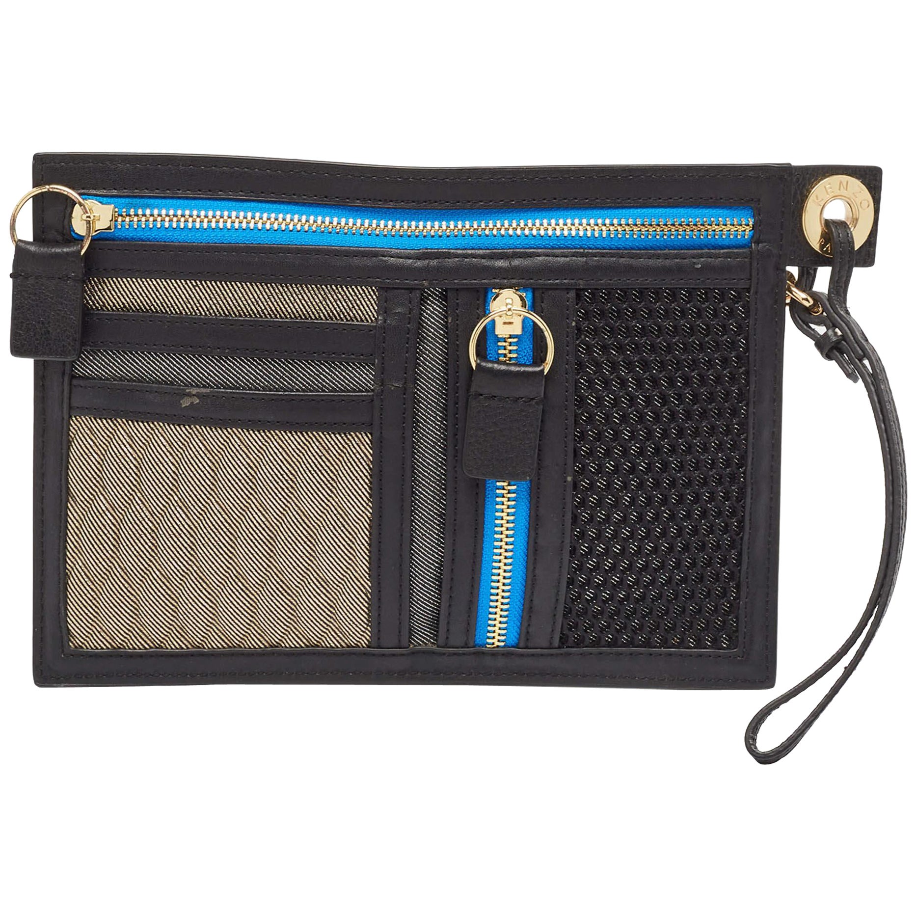 Kenzo, astuccio organizer in pelle e tessuto nero/multicolore in vendita