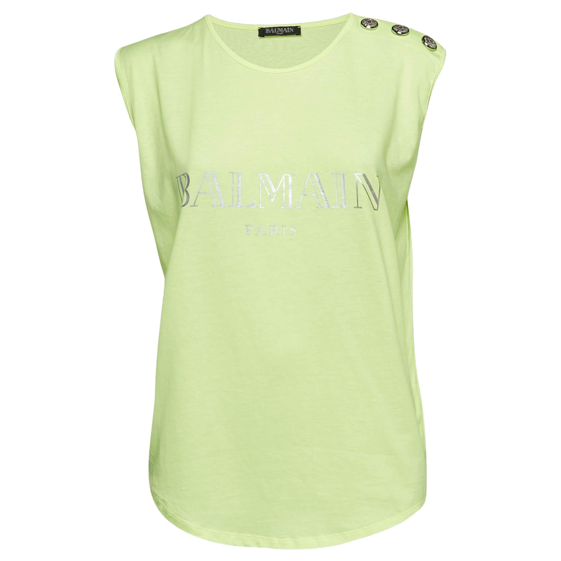 Balmain - Maglietta senza maniche in jersey con stampa logo verde fluorescente M. T. I.