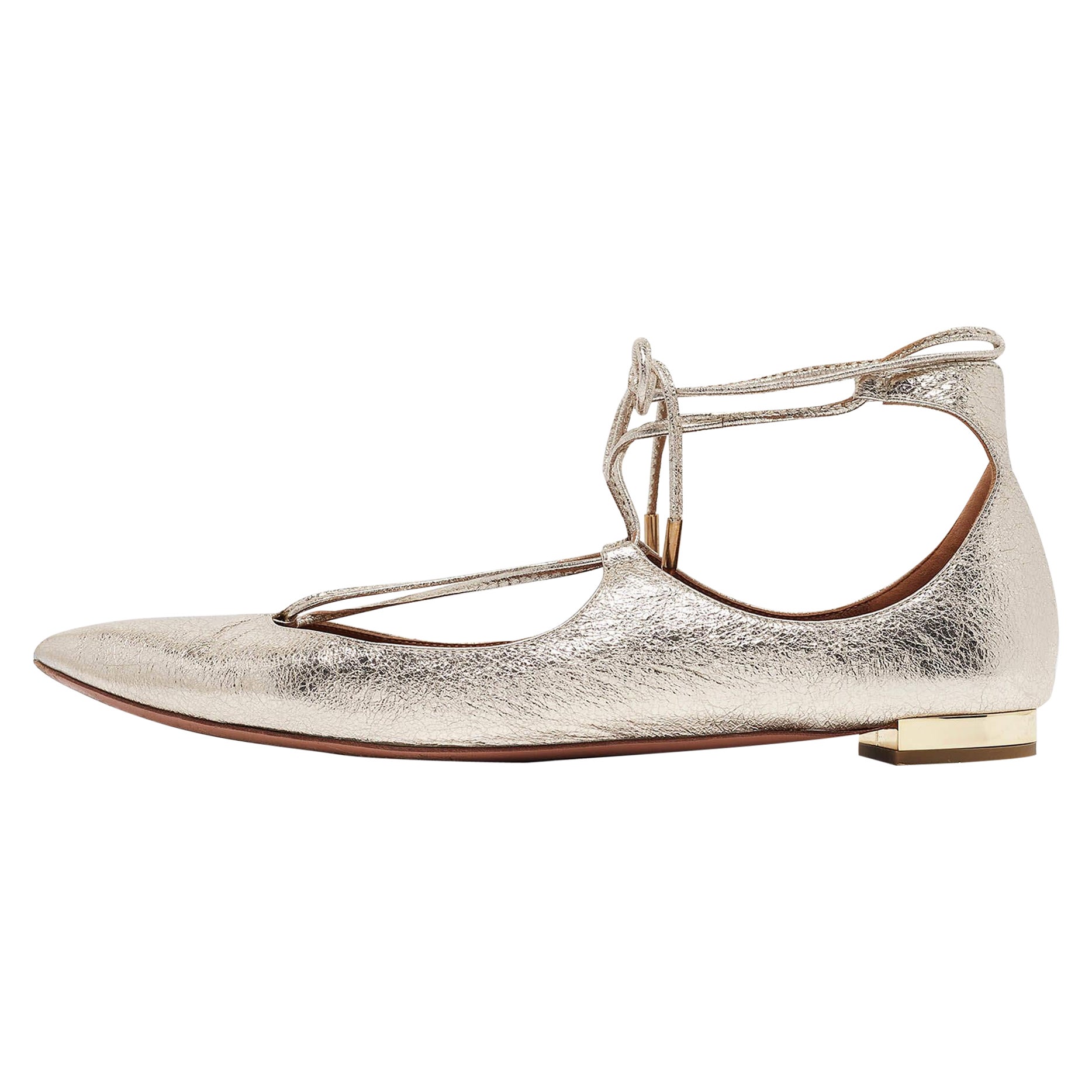 Aquazzura Gold Foil Leather Christy Ankle Wrap Ballet Flats Size 39