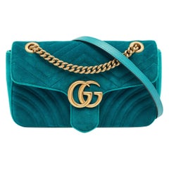 Gucci Green Matelassé Velvet Small GG Marmont Shoulder Bag