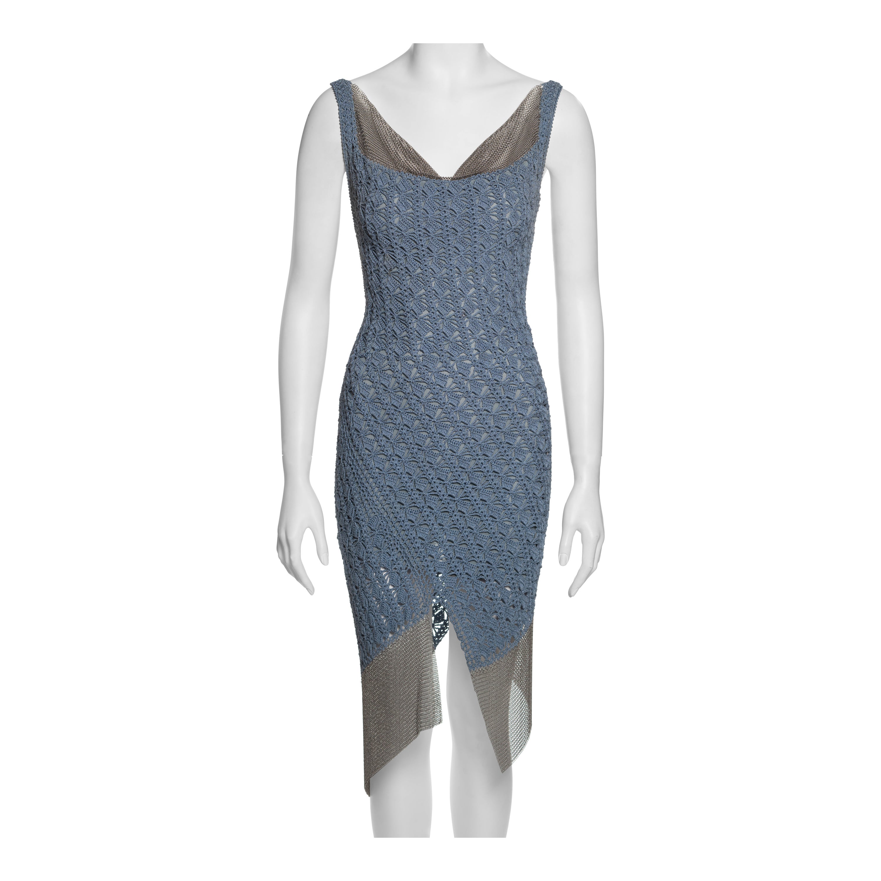 Christian Dior by John Galliano Blue Crochet and Chainmail Dress, SS 2001 For Sale
