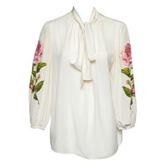Dolce & Gabbana Cream Floral Appliqued Silk Blouse L