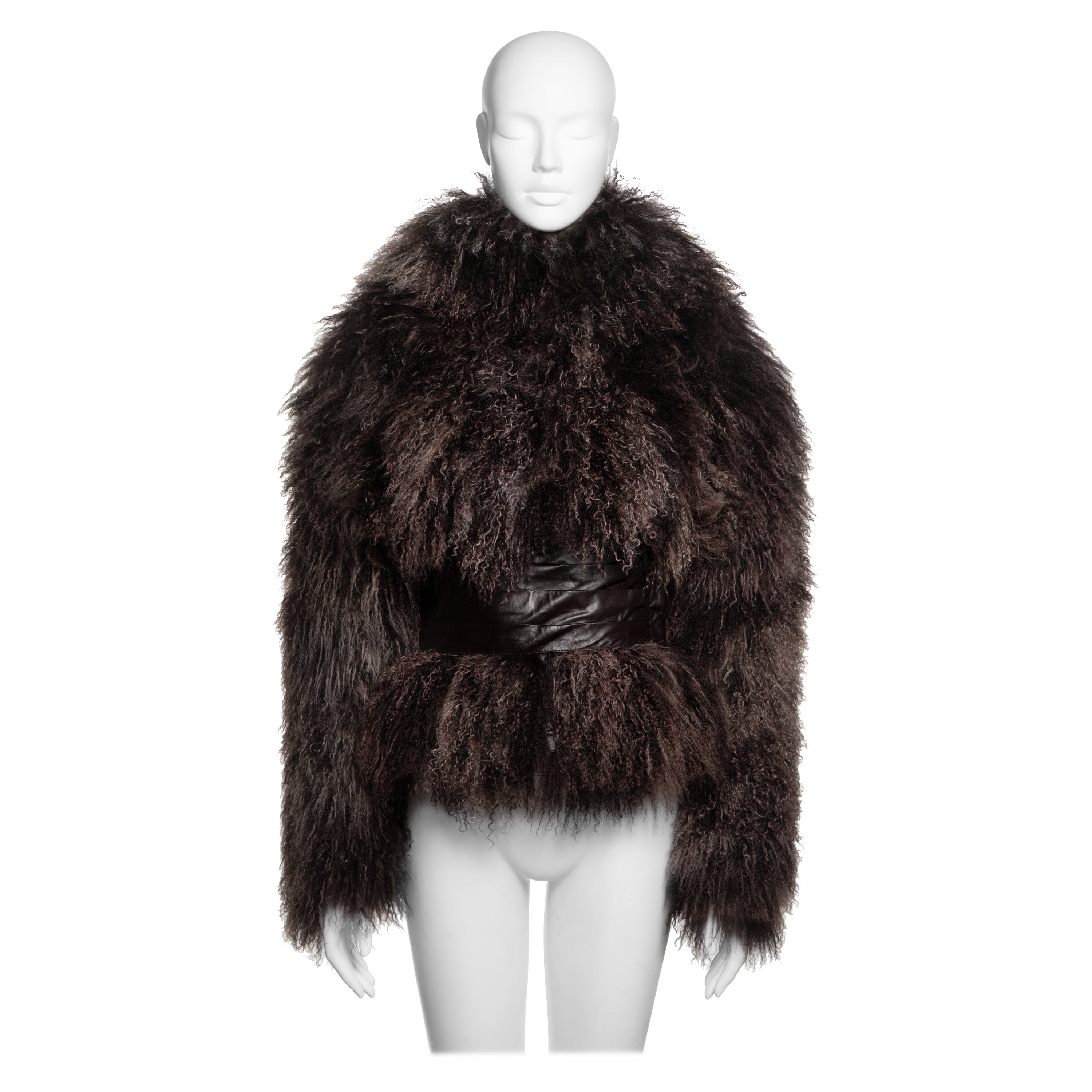 Alexander McQueen Mongolian Lamb Hooded Jacket with Leather Corset Belt, FW 2004 For Sale