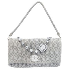 Miu Miu Grey Matelassé Leather Crystal Cloqu&eacute; Flap Shoulder Bag