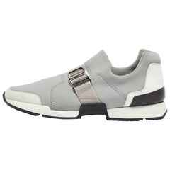 Hermes Light Grey Neoprene and Leather Slip On Sneakers Size 37