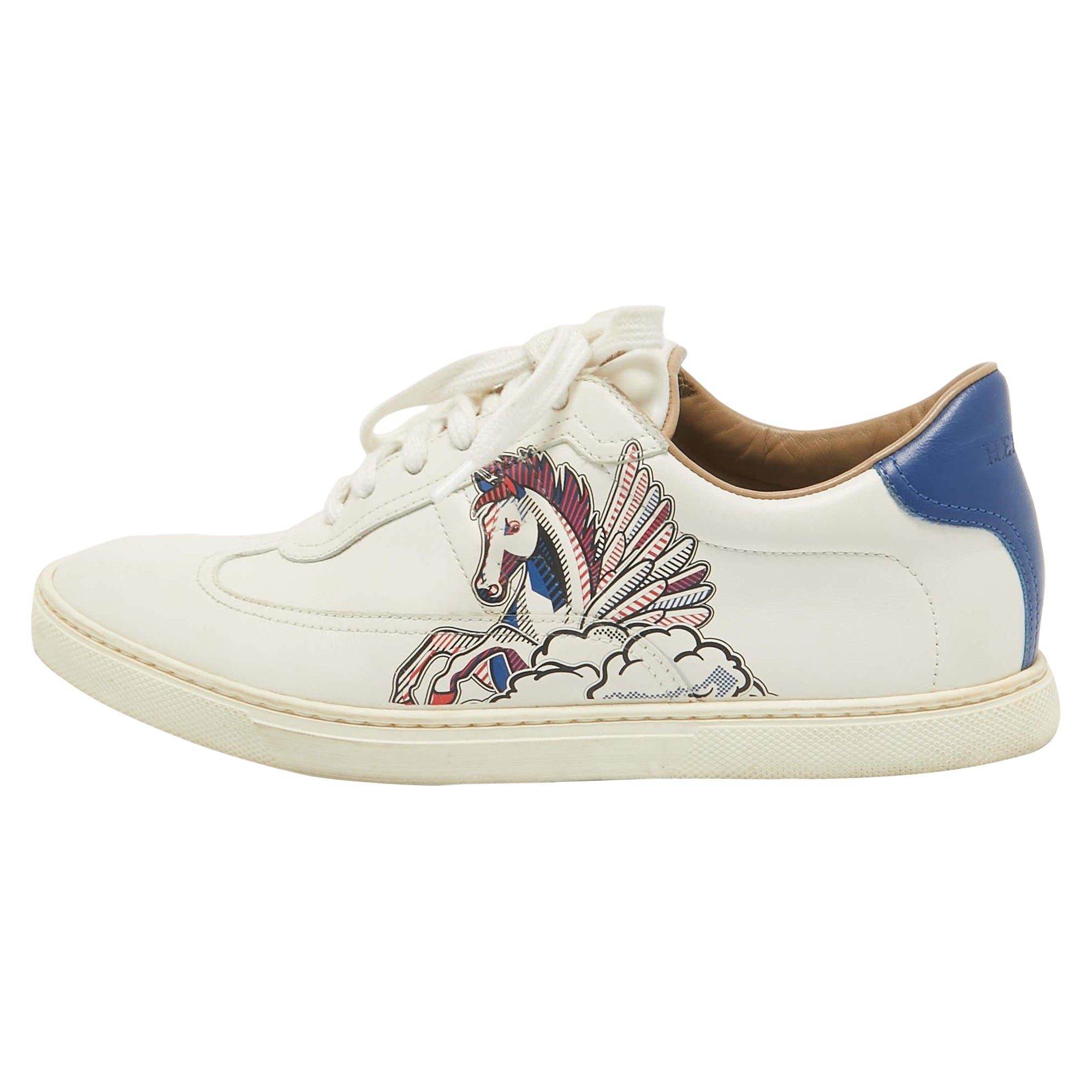 Hermes White Pegase Pop Print Leather Quicker Sneakers Size 37.5